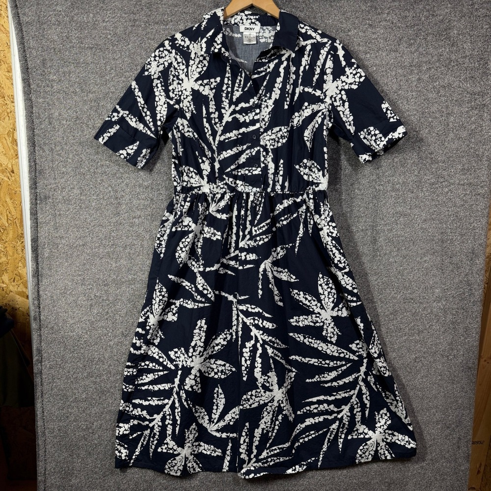 DKNY Navy White Tropical Leaf Print Cotton Midi Shirt Dress Size 10